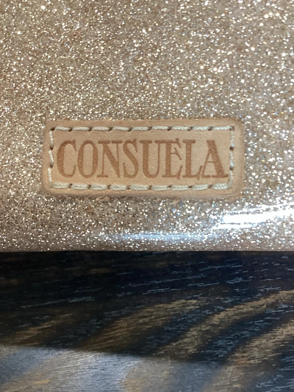 Consuela Lyla Uptown Gold Sparkle Crossbody with Pink and Navy Floral Embroidery